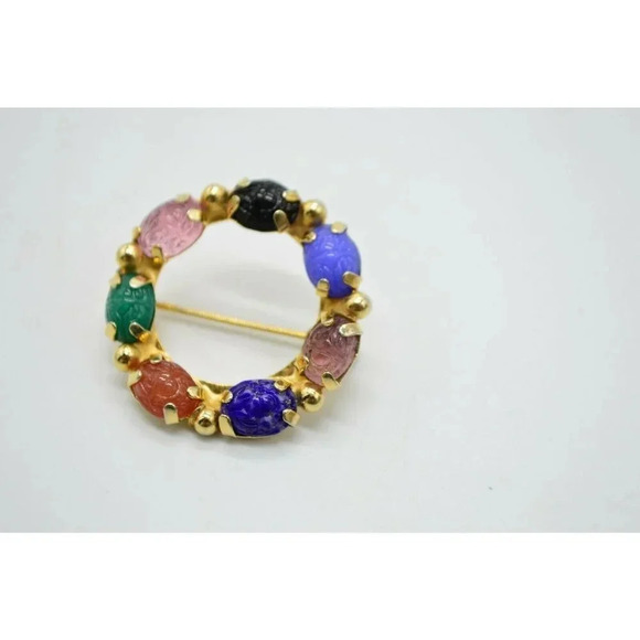 Gold Tone Multi Color Gemstone Cabochon Scarab Bro - Picture 3 of 5